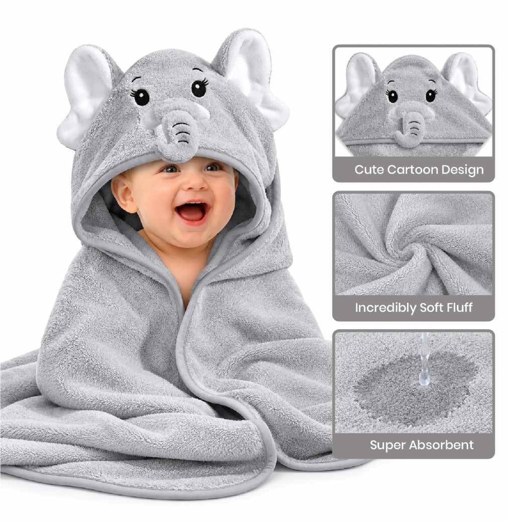 Infant Bath Towel Hooded Grey Elephant Design